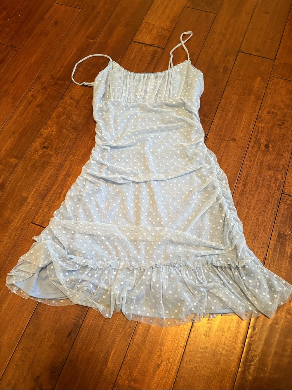 Altar'd State Pale Blue Polka Dot Ruffled Slip Dress